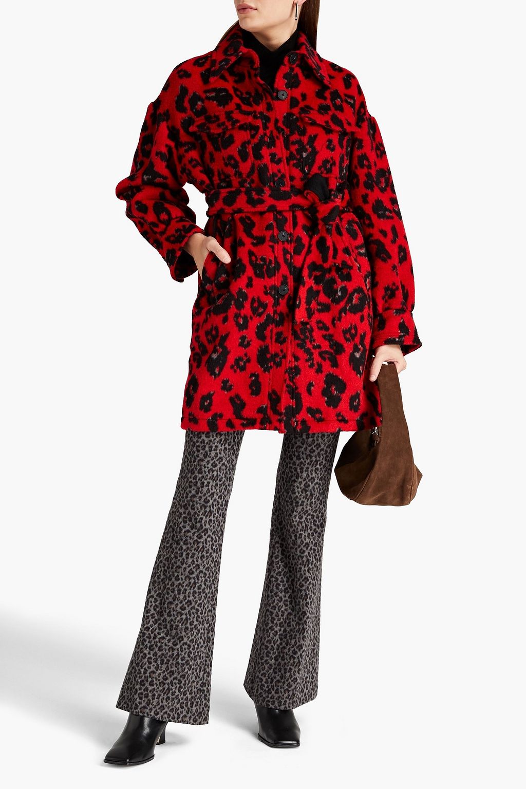 DIANE VON FURSTENBERG Manon 레오파드 프린트 브러시드 울 혼방 벨티드 펠트 코트
