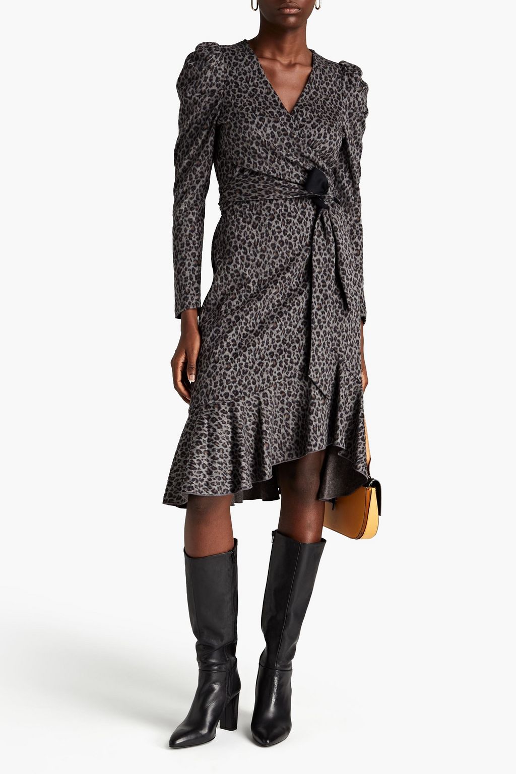 DIANE VON FURSTENBERG 랩 스타일 레오파드 프린트 브러시드 코튼 울 혼방 플란넬 드레스