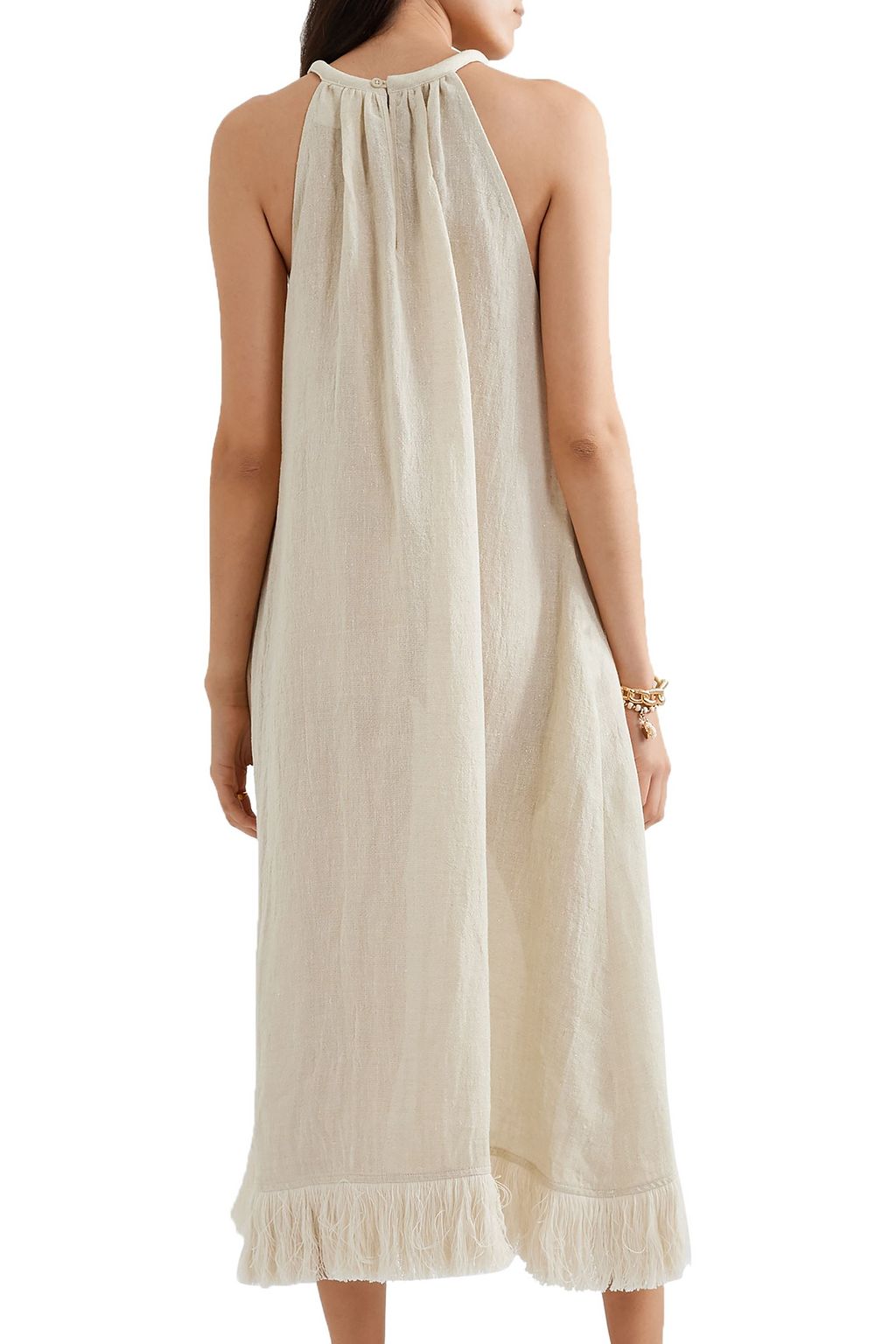 LISA MARIE FERNANDEZ Ojai fringed metallic linen-blend gauze midi dress
