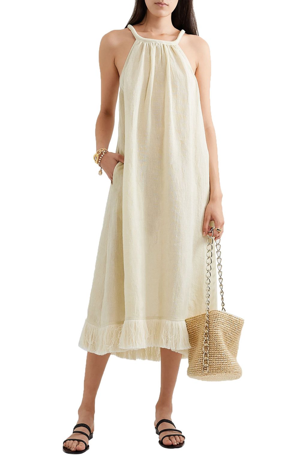 LISA MARIE FERNANDEZ Ojai fringed metallic linen-blend gauze midi dress