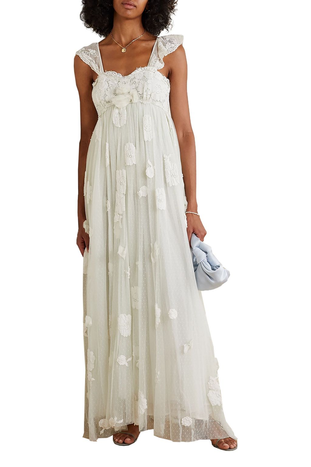 LOVESHACKFANCY Irene appliquéd lace-trimmed Swiss-dot tulle gown