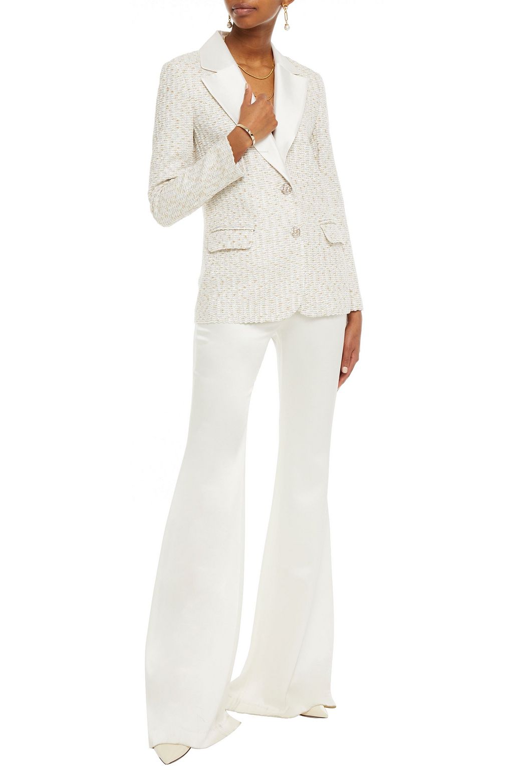 ST. JOHN Satin-trimmed metallic tweed blazer