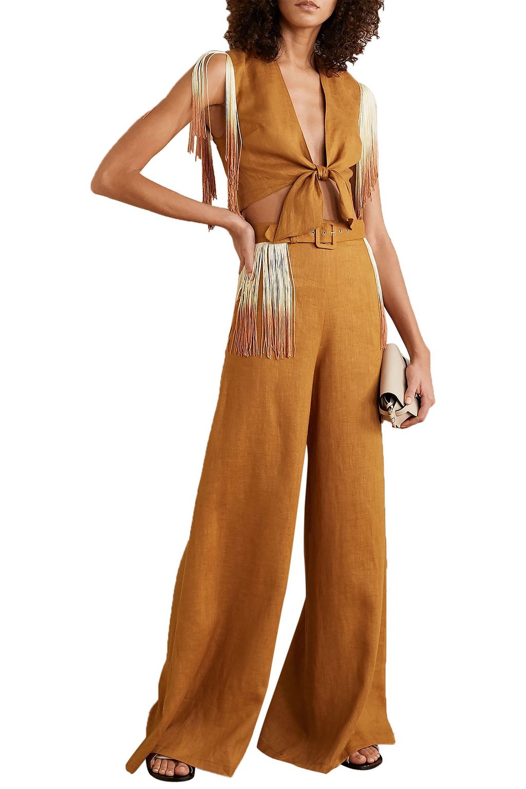 MIGUELINA Sheena cropped tie-front fringed linen top