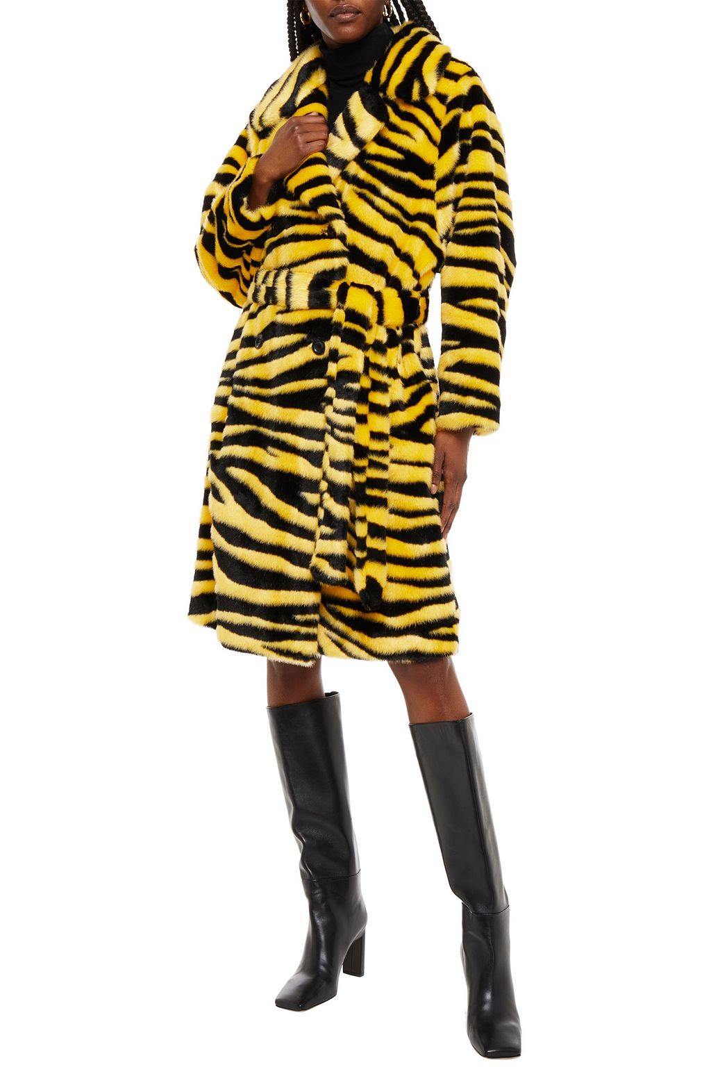STAND STUDIO Belted tiger-print faux fur coat