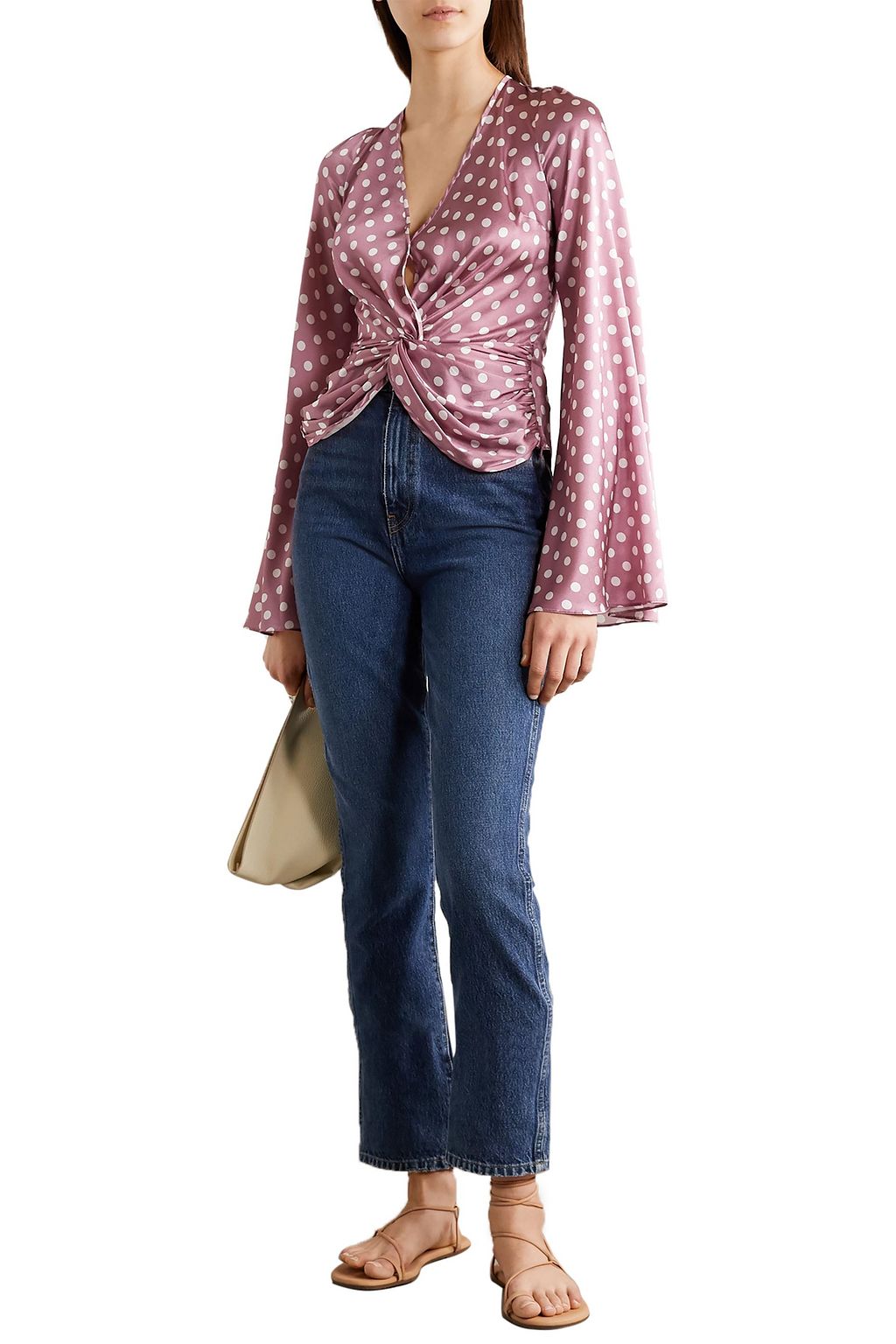 CAROLINE CONSTAS Romy twist-front polka-dot silk-blend satin top