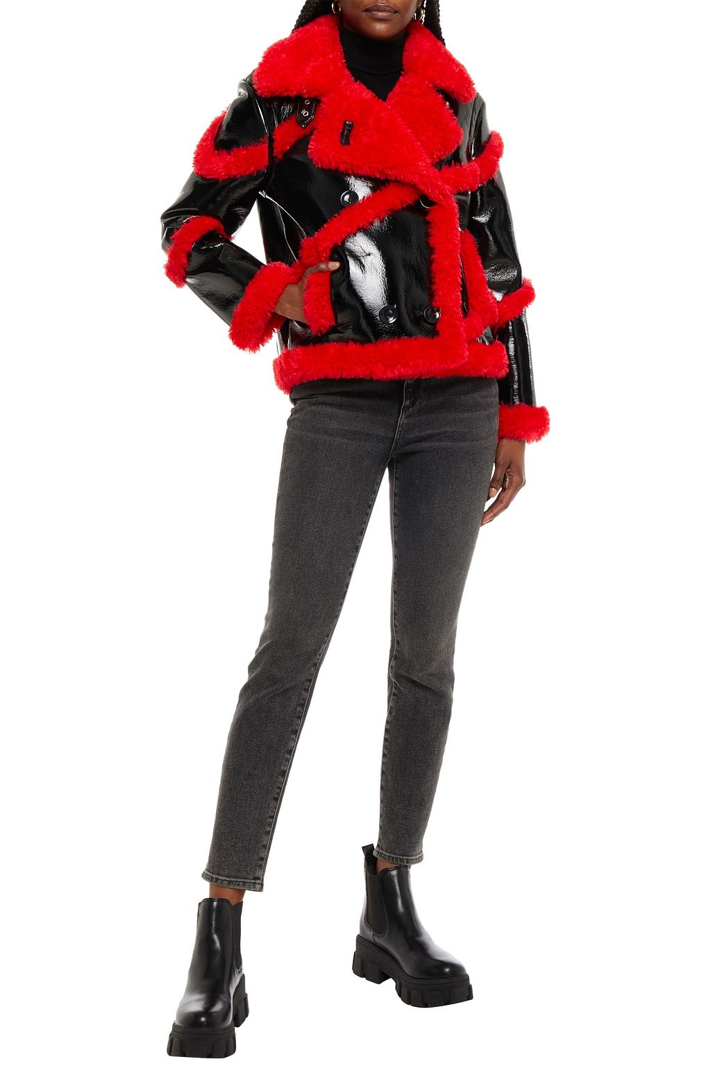 STAND STUDIO Melendy faux shearling-trimmed faux patent-leather jacket