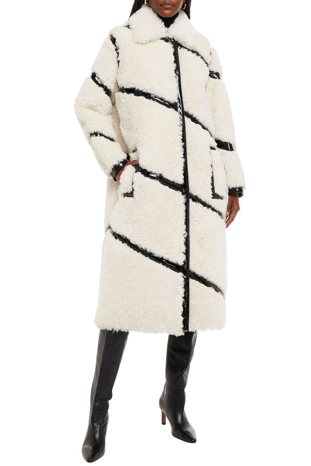 STAND STUDIO Cleo faux patent leather-trimmed faux shearling coat