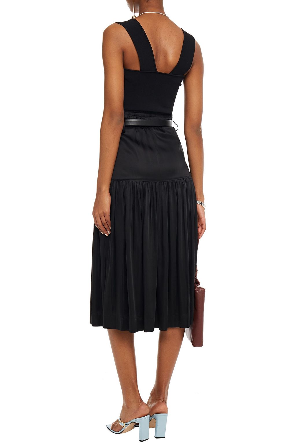 LVIR Gathered belted satin midi skirt