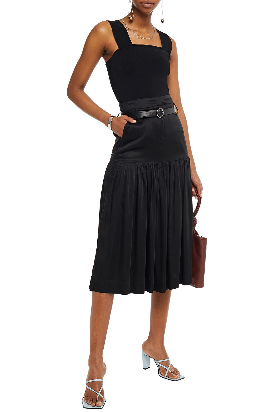 Lvir Gathered Belted Satin Midi Skirt In Black