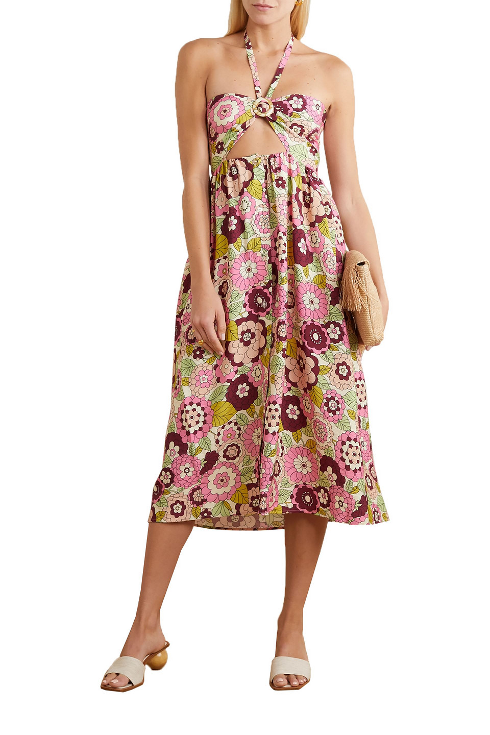 Dodo Bar Or Karen Cutout Floral-print Twill Halterneck Midi Dress In Multi