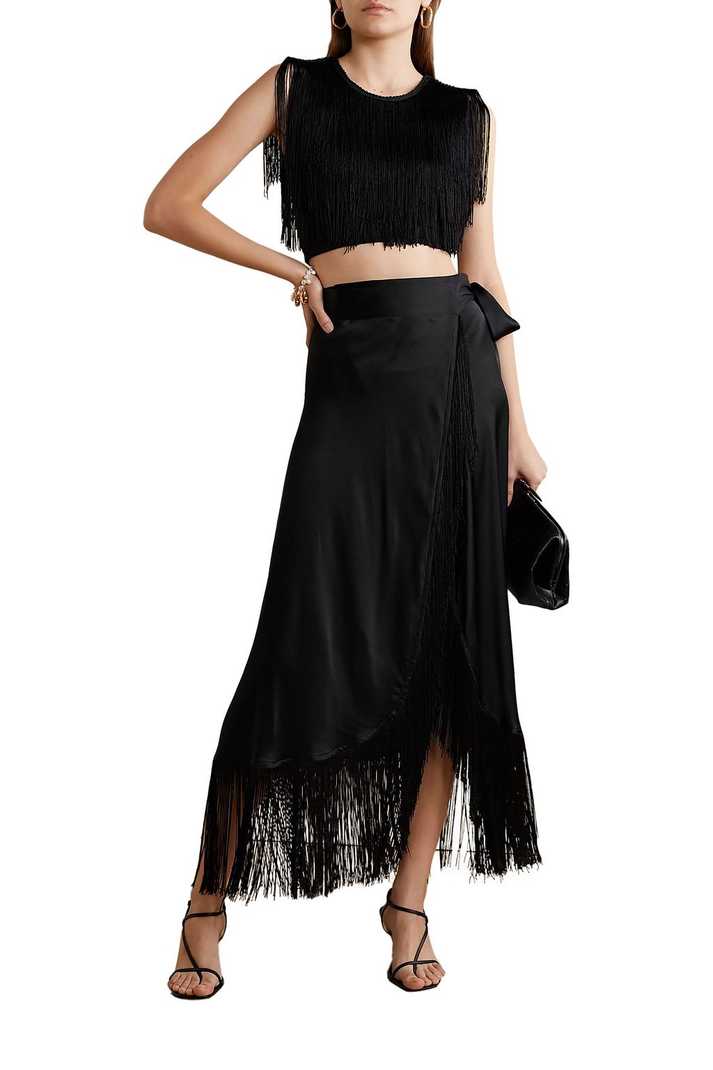 MIGUELINA Amara fringed silk-satin wrap maxi skirt