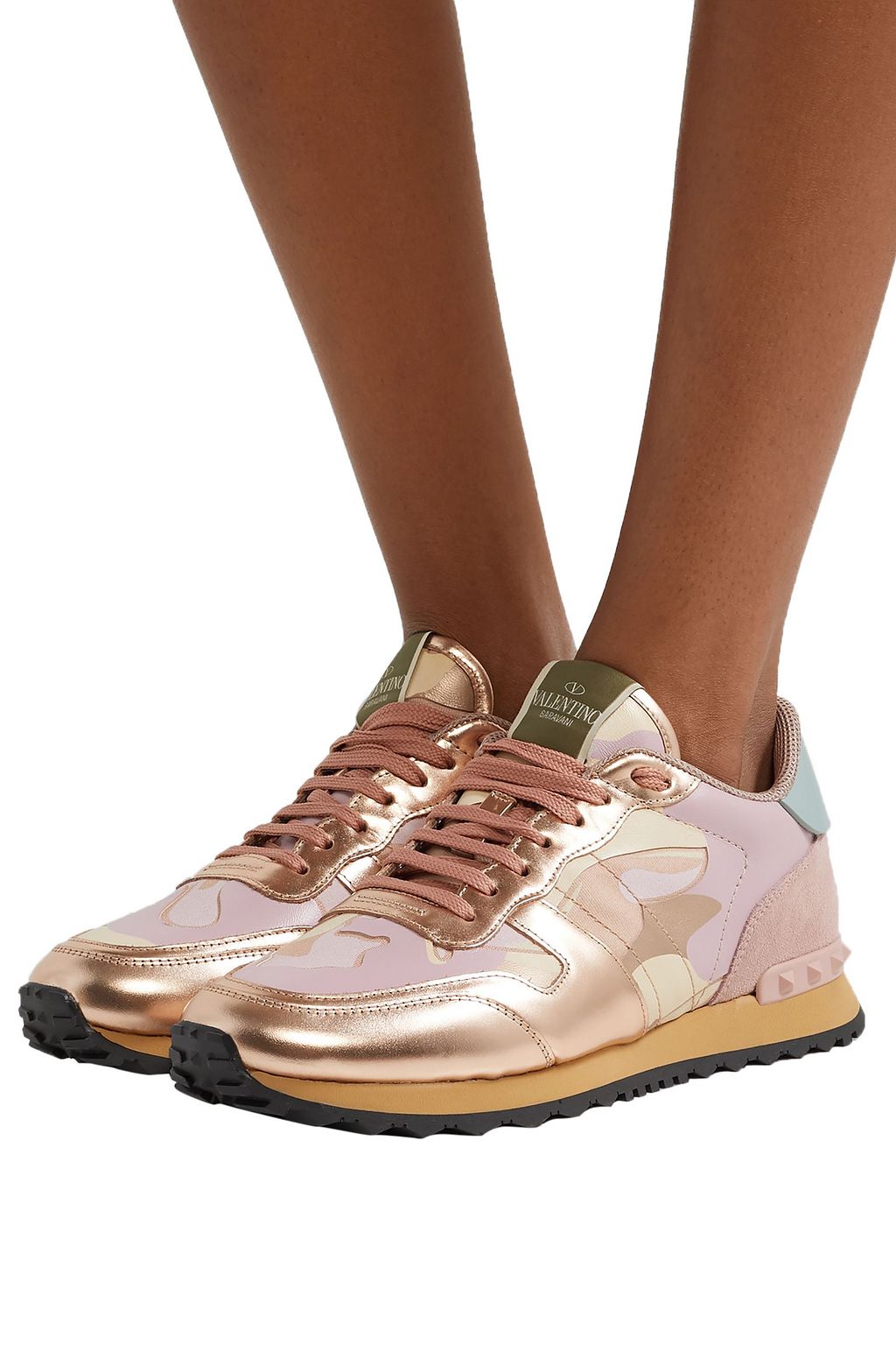 VALENTINO GARAVANI Rockstud suede and printed leather sneakers