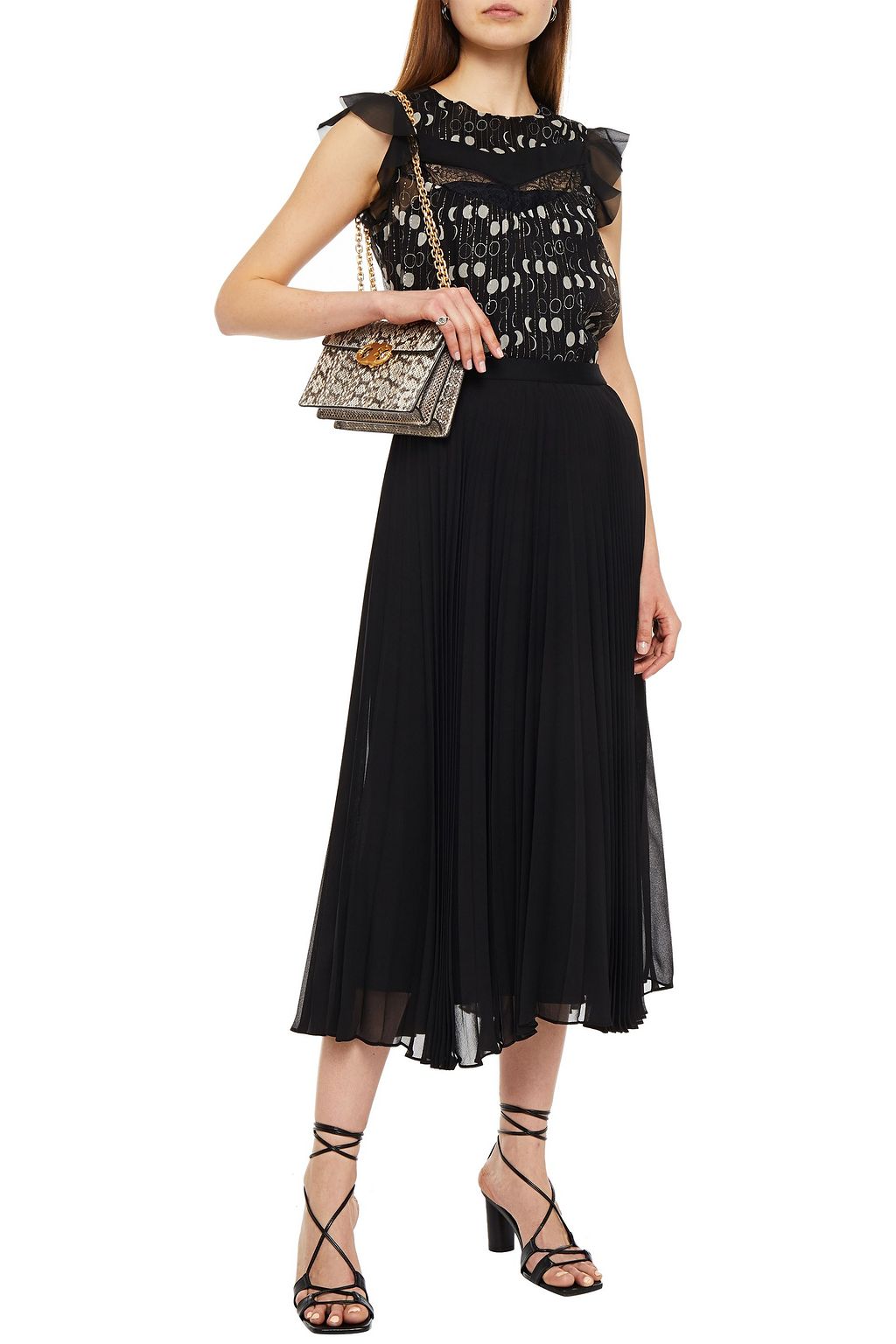 REDVALENTINO Paneled printed silk-blend georgette and point d'esprit top
