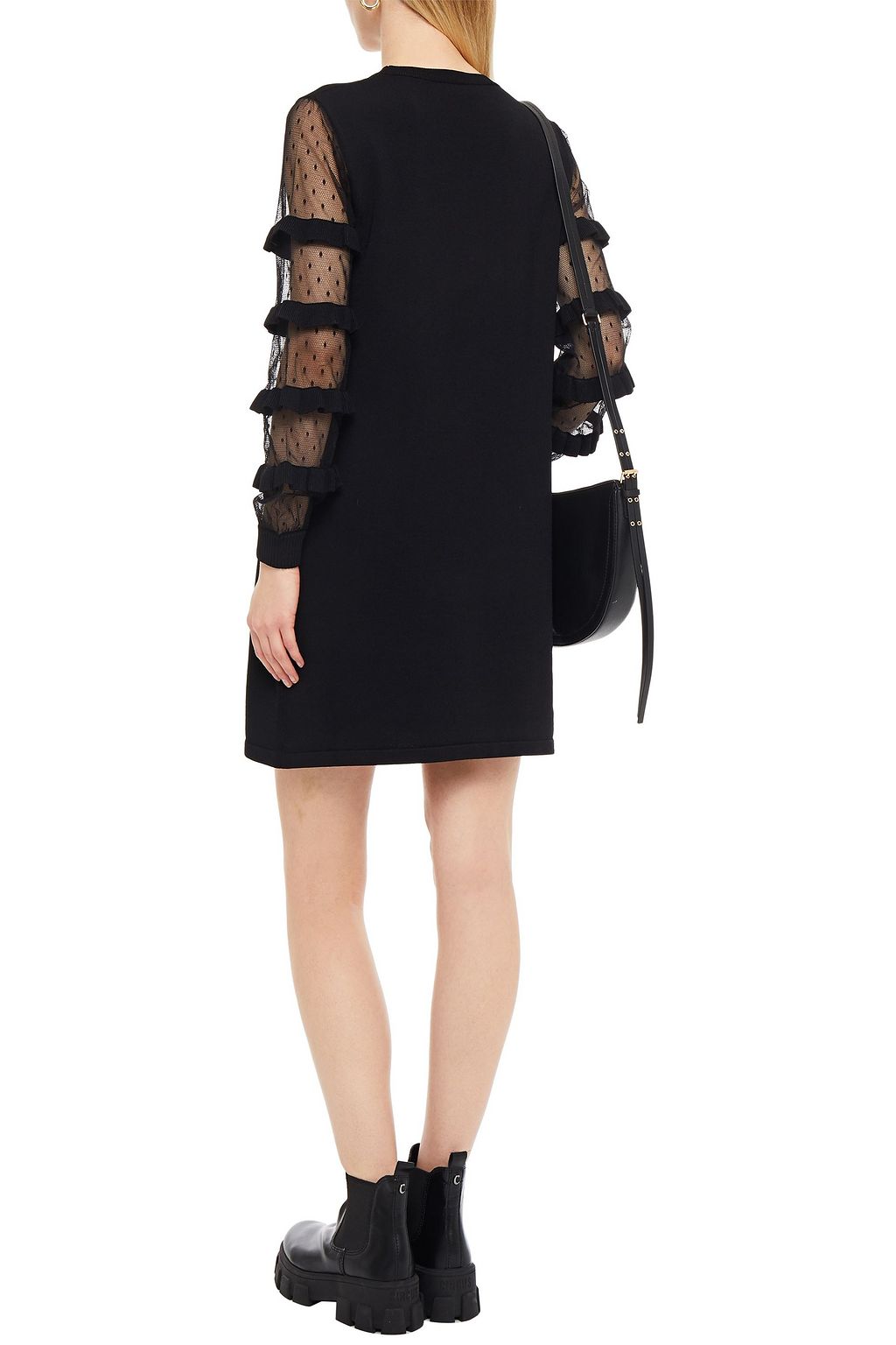 REDVALENTINO Point d'esprit-paneled ruffled stretch-knit mini dress