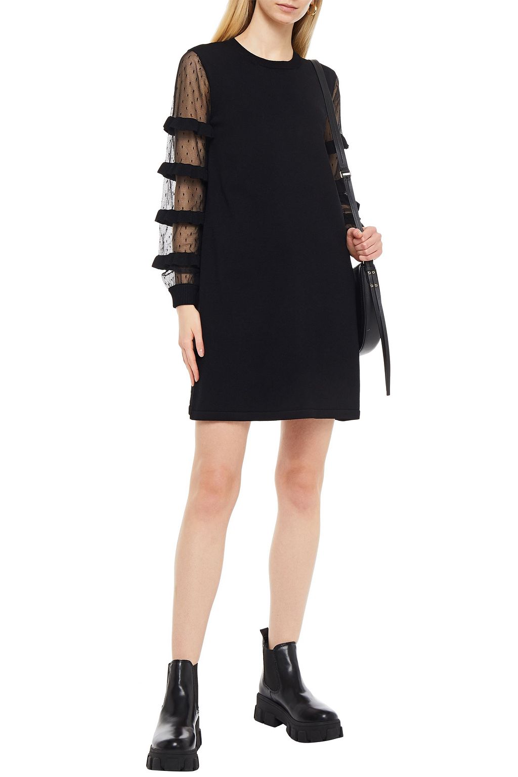 REDVALENTINO Point d'esprit-paneled ruffled stretch-knit mini dress