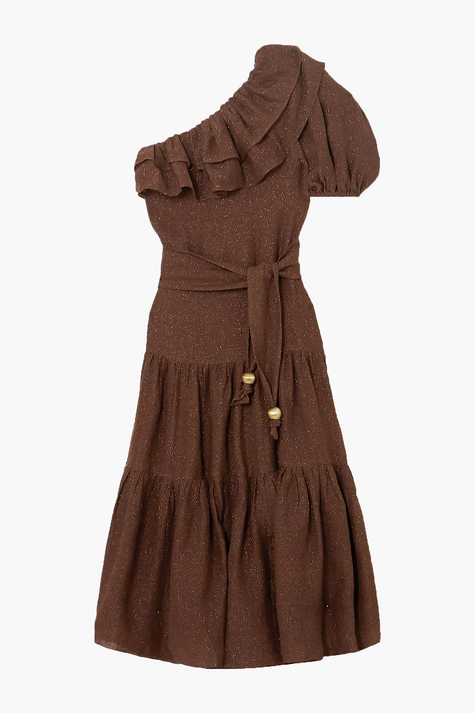 lisa marie fernandez - arden one-shoulder ruffled metallic linen-blend gauze maxi dress - brown - 2