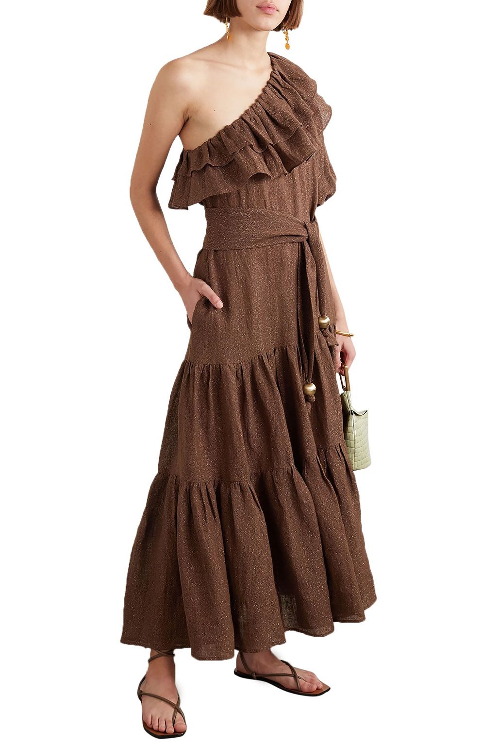 LISA MARIE FERNANDEZ Arden one-shoulder ruffled metallic linen-blend gauze maxi dress