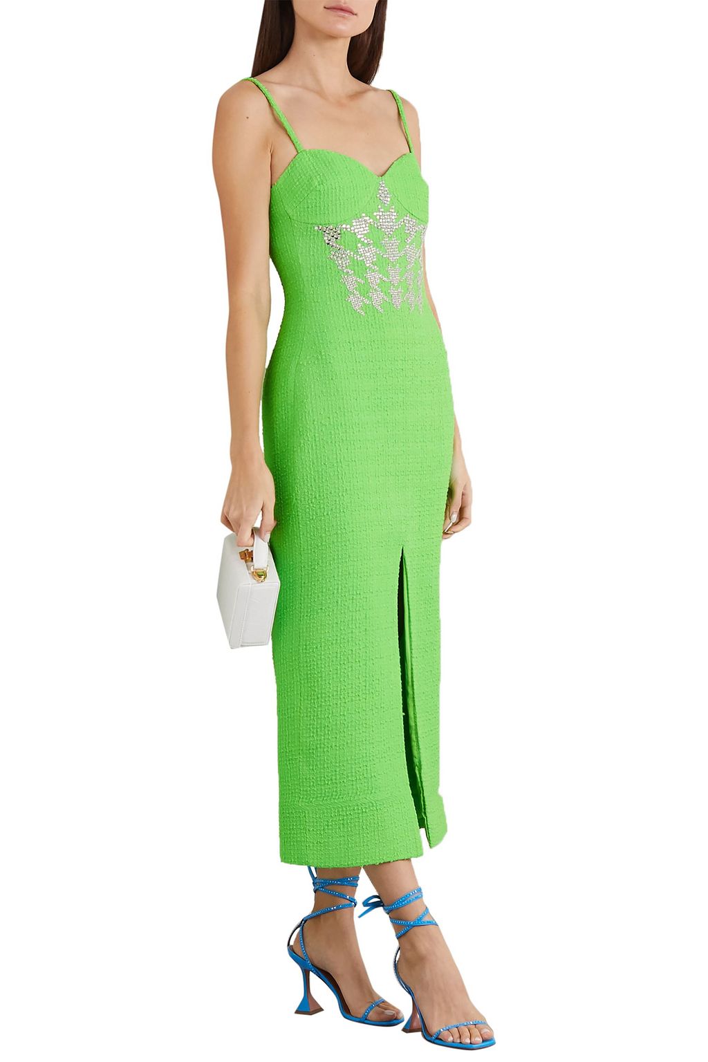 DAVID KOMA Crystal-embellished neon wool-blend bouclé midi dress