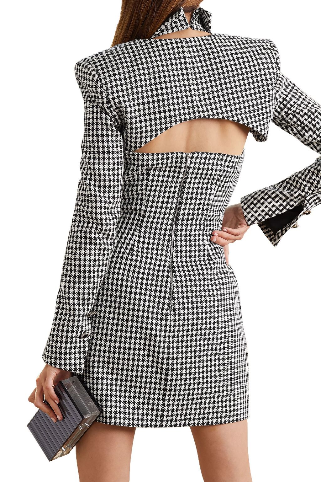DAVID KOMA Crystal-embellished cutout houndstooth woven mini dress
