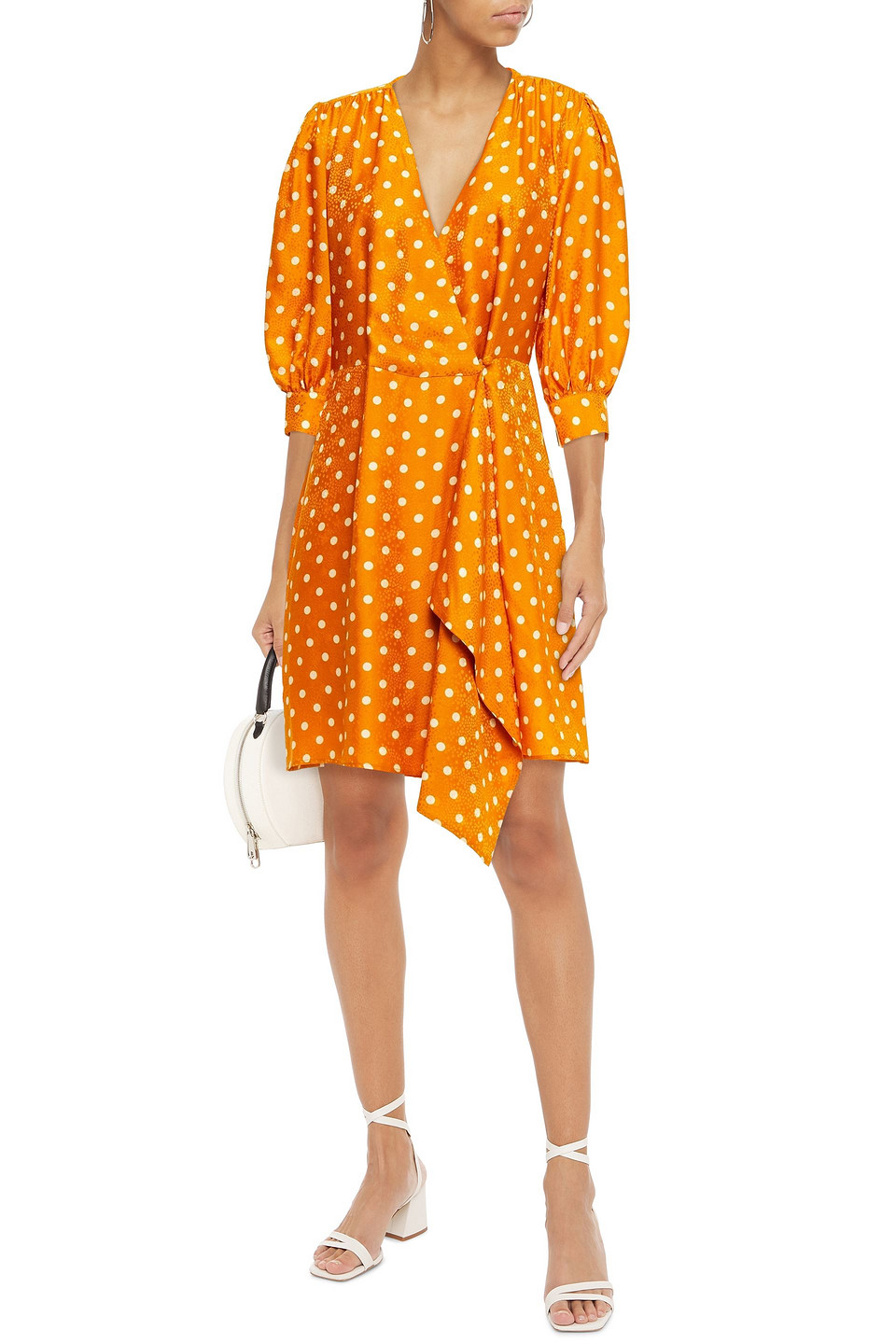 Paul & Joe Wrap-effect Polka-dot Satin-jacquard Mini Dress In Gold