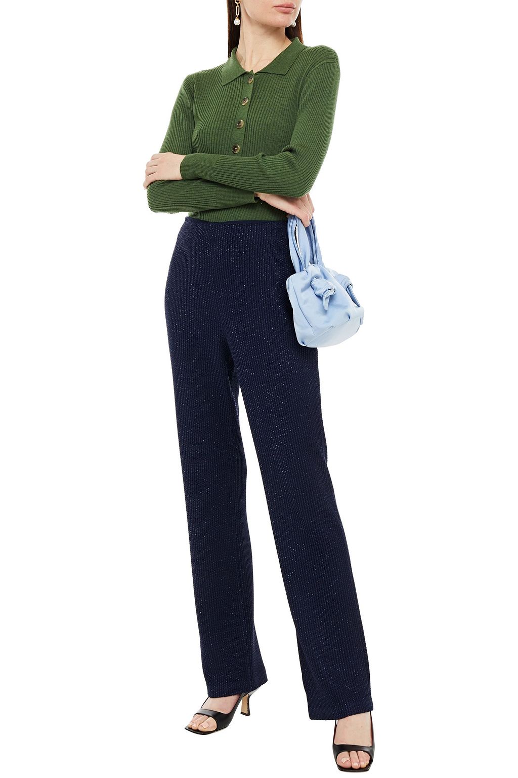 ST. JOHN Metallic knitted straight-leg pants