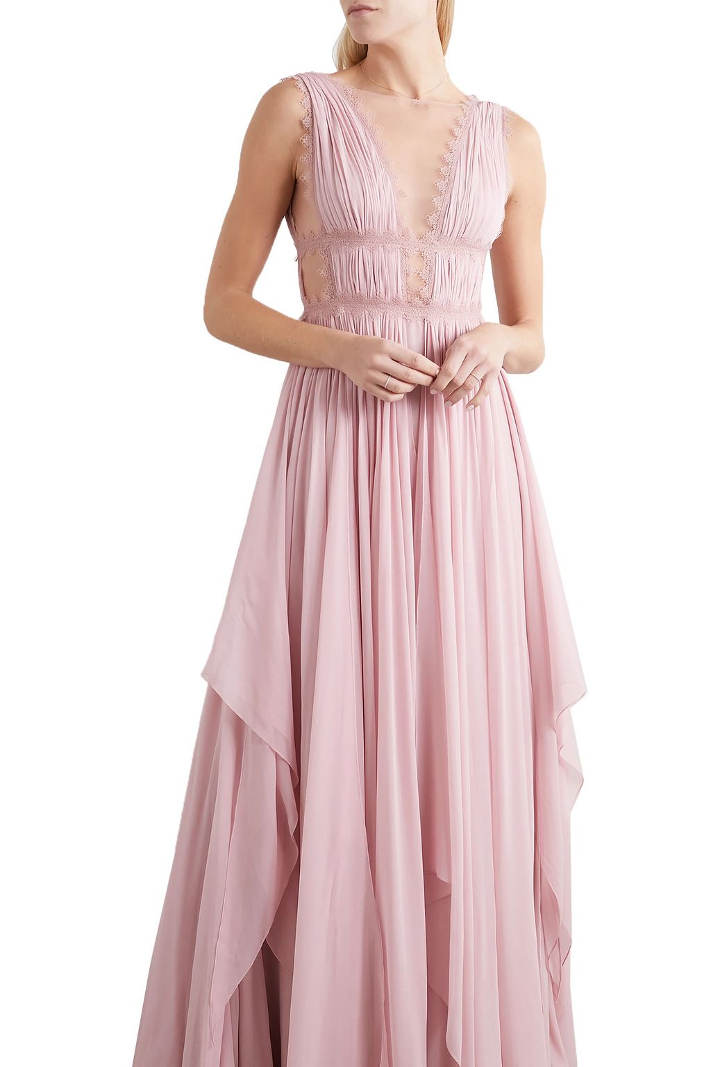 COSTARELLOS Lace-trimmed silk-georgette gown