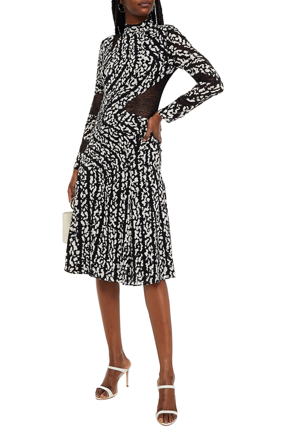 PROENZA SCHOULER LACE-PANELED PRINTED SILK-BLEND VOILE MIDI DRESS,3074457345625605647