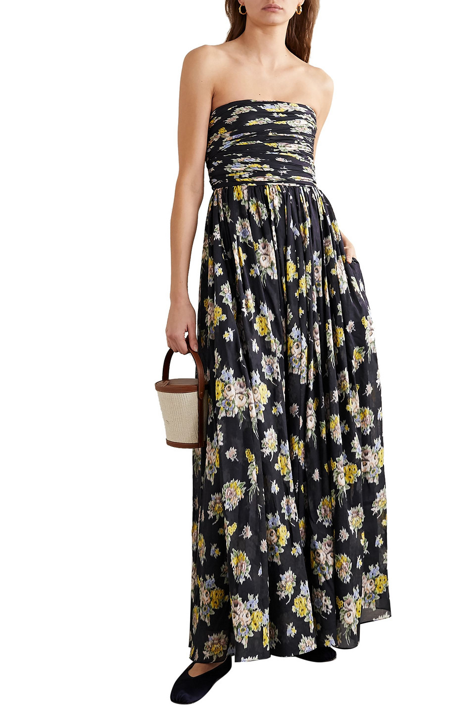 Brock Collection Strapless Ruched Floral-print Cotton-voile Maxi Dress In Black