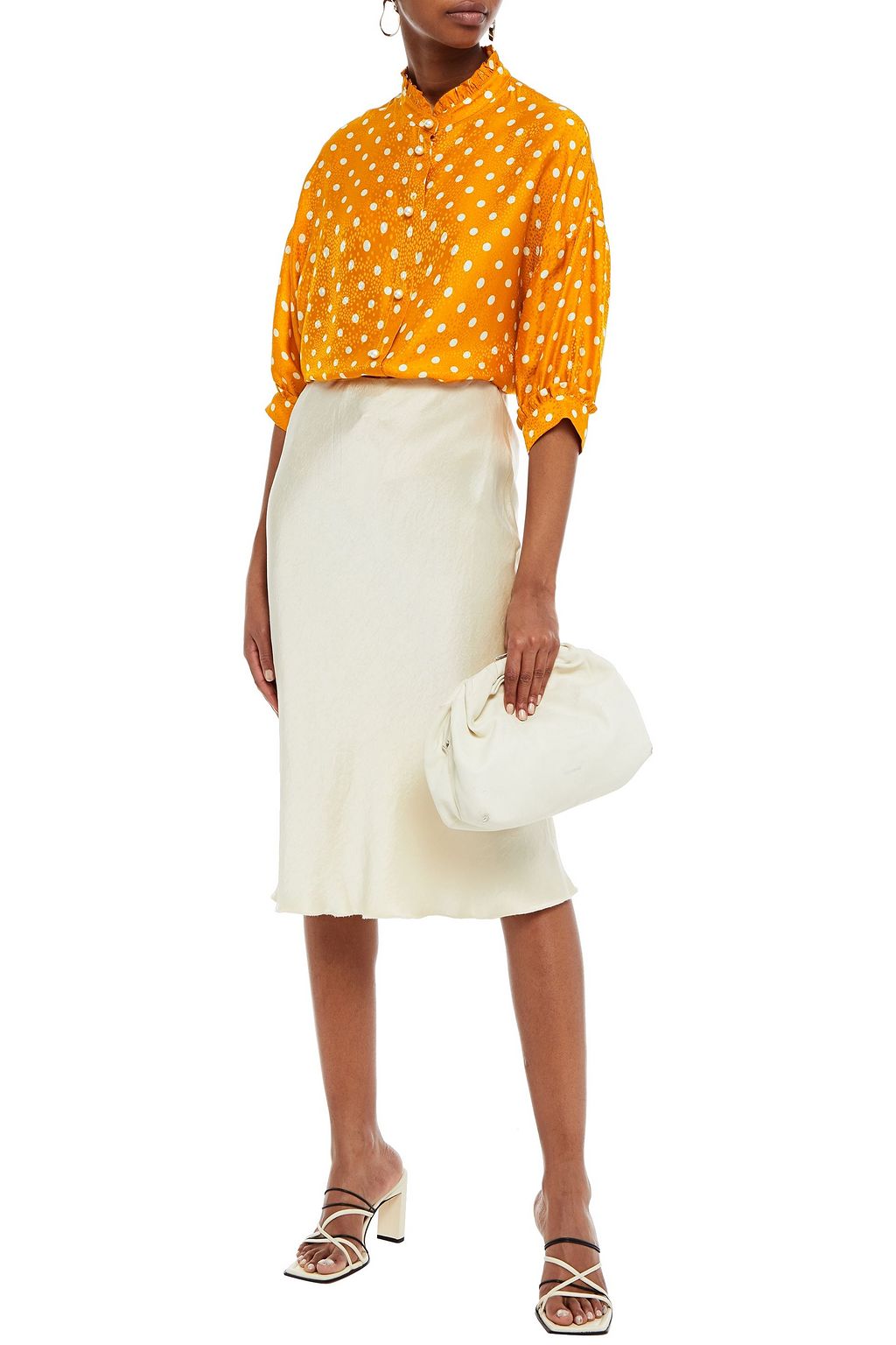 PAUL & JOE Ruffle-trimmed polka-dot satin-jacquard blouse
