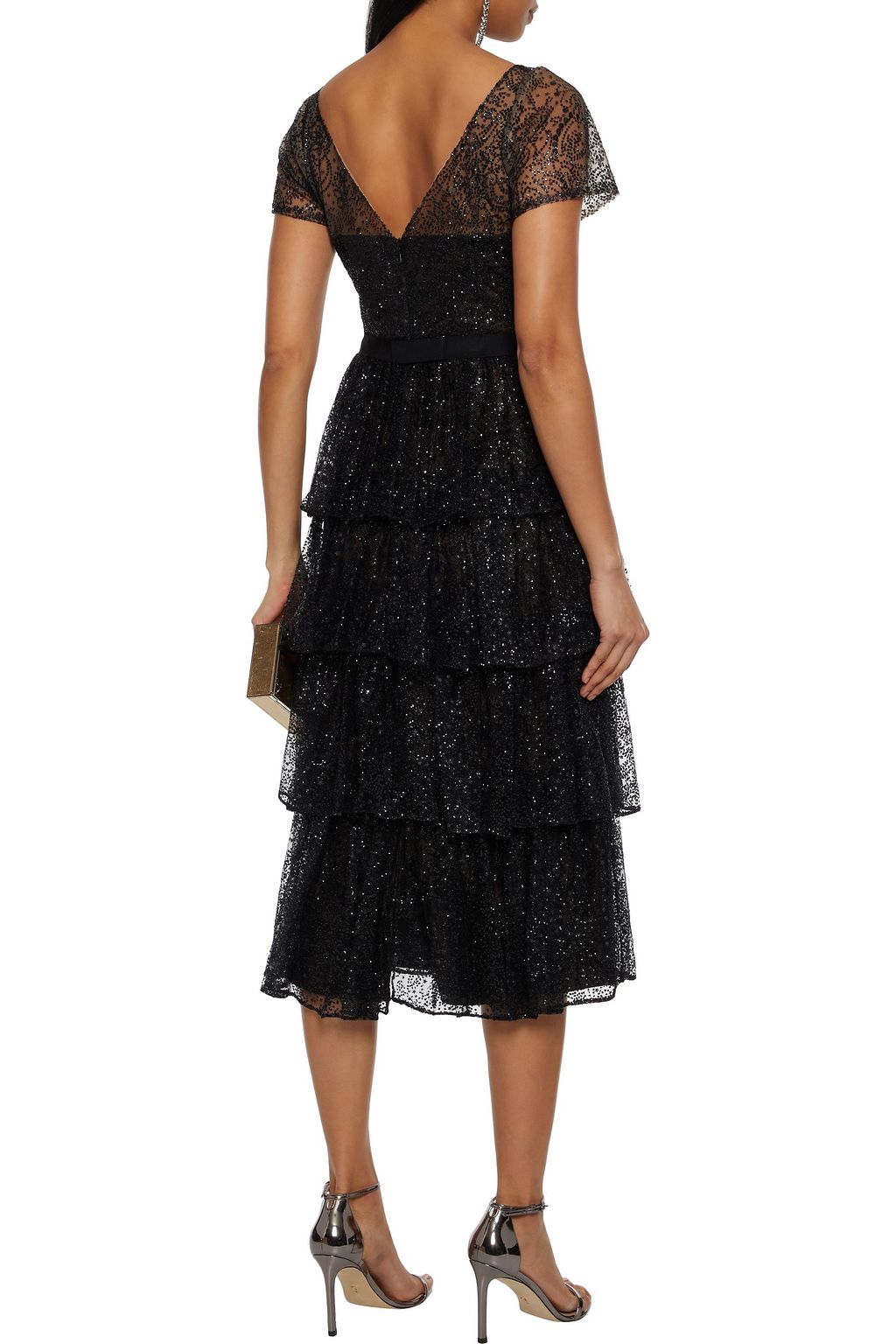 MARCHESA NOTTE Tiered glittered tulle midi dress