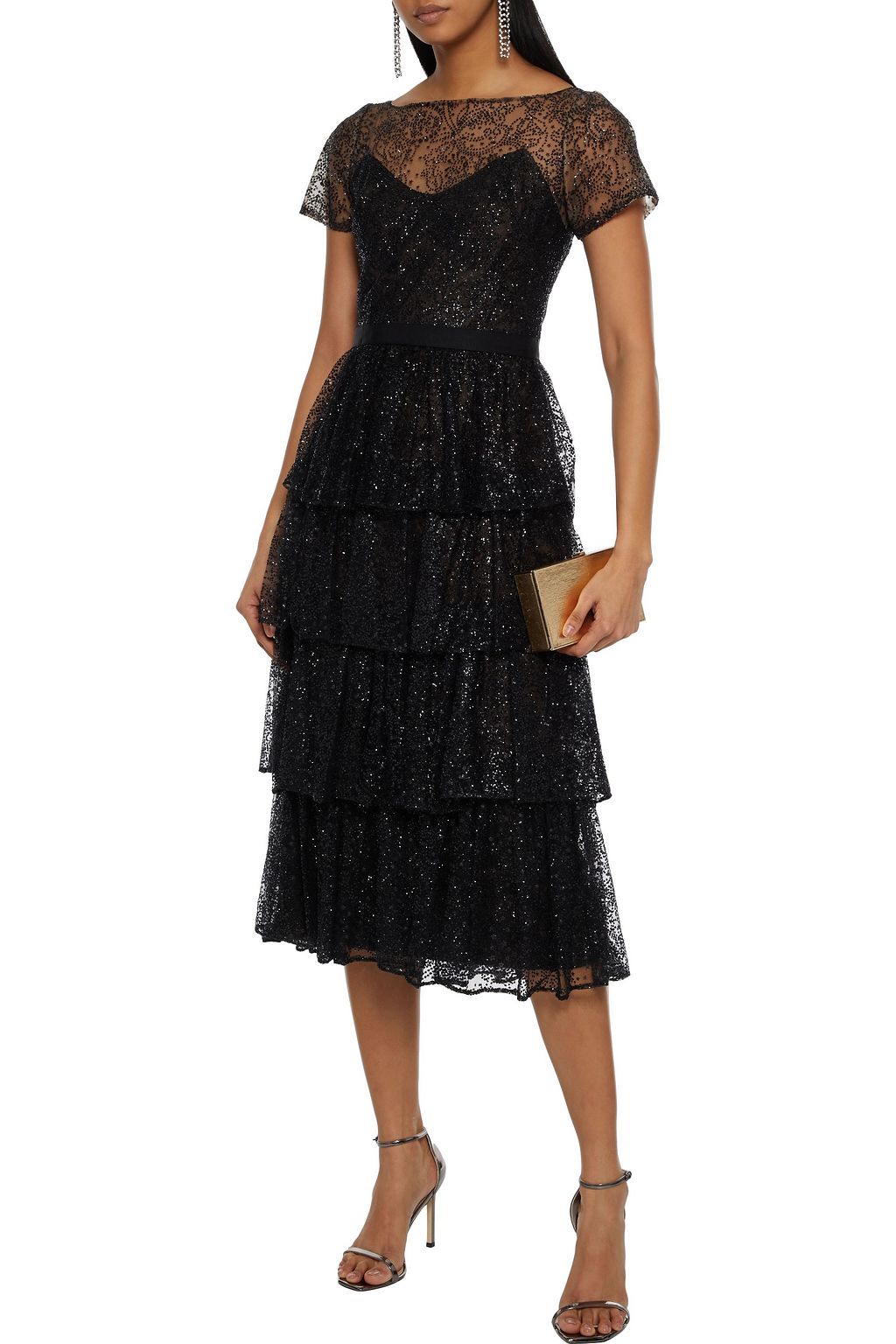 MARCHESA NOTTE Tiered glittered tulle midi dress