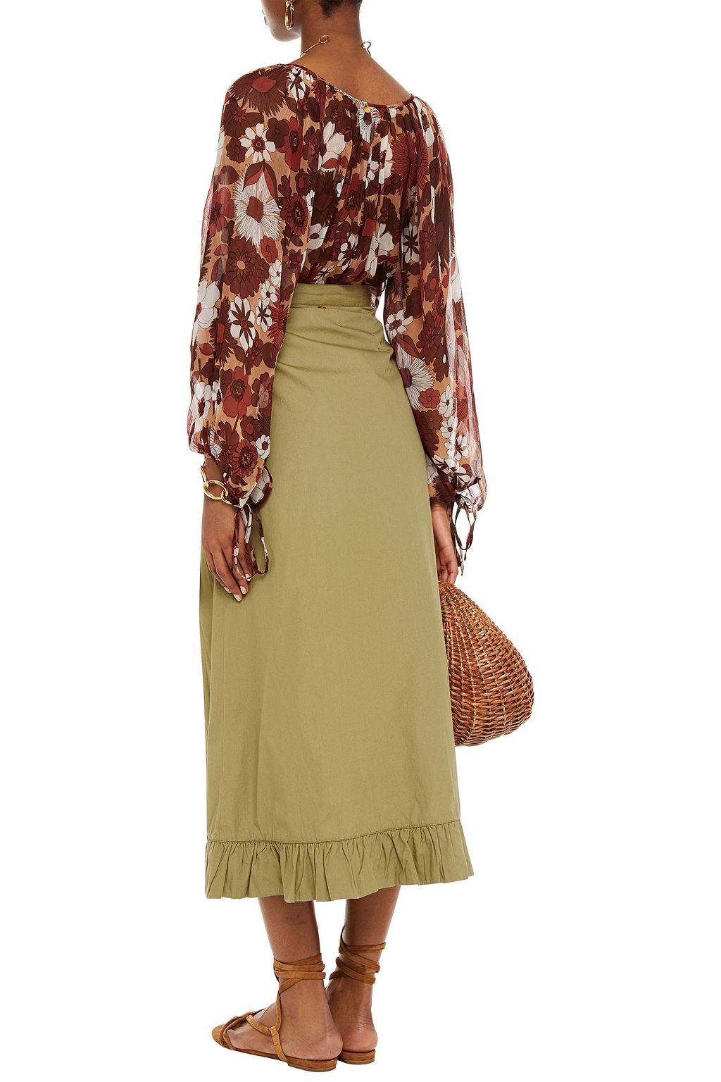 ANTIK BATIK Lace-up ruffle-trimmed cotton-poplin midi skirt