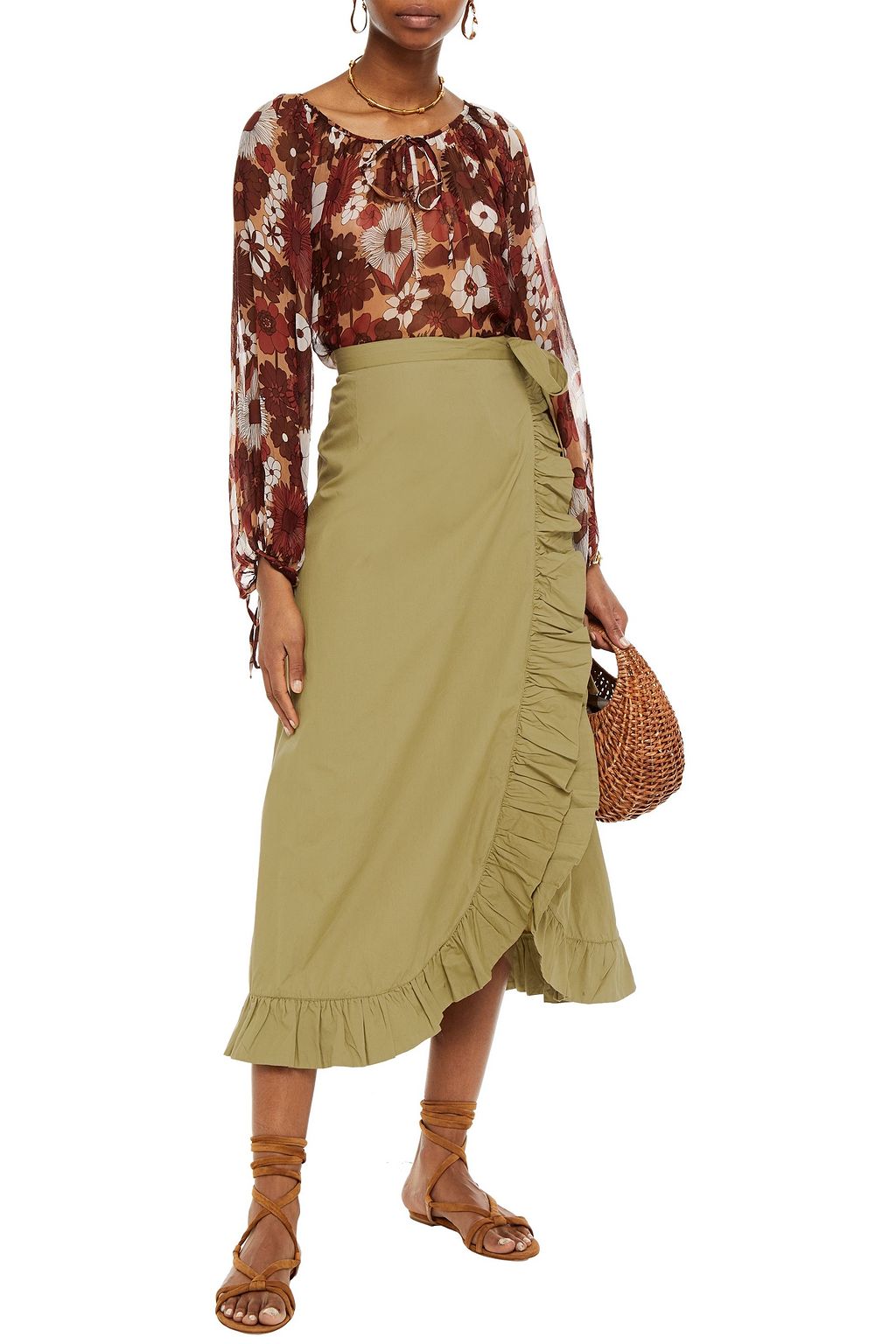 ANTIK BATIK Lace-up ruffle-trimmed cotton-poplin midi skirt