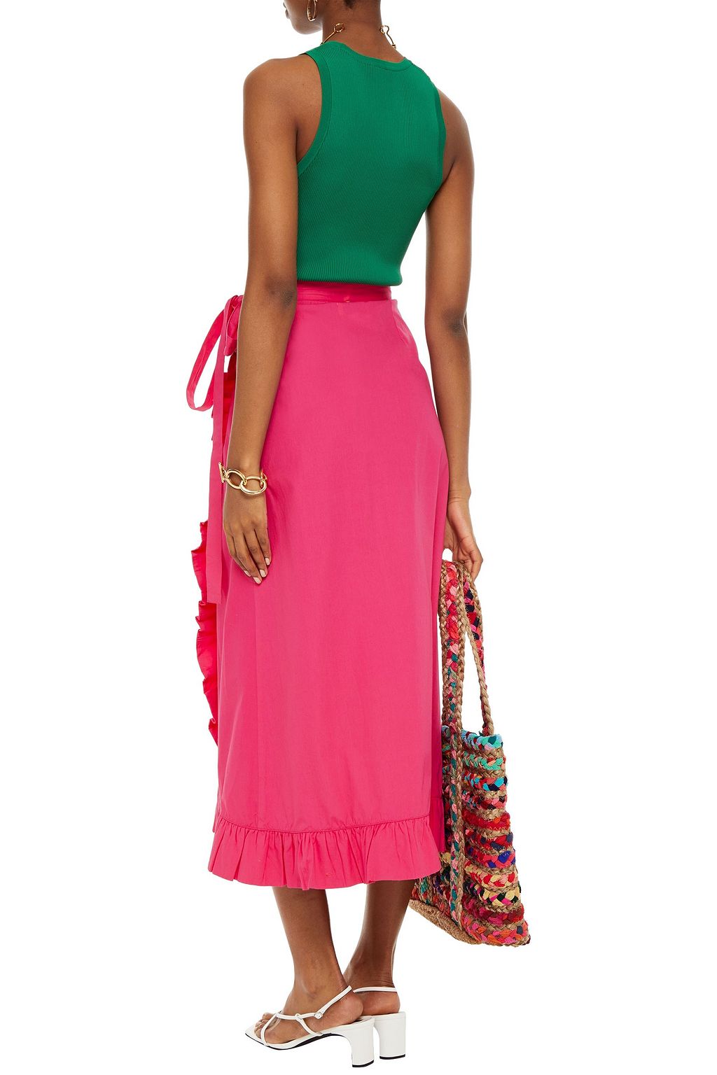 ANTIK BATIK Lace-up ruffle-trimmed cotton-poplin midi skirt