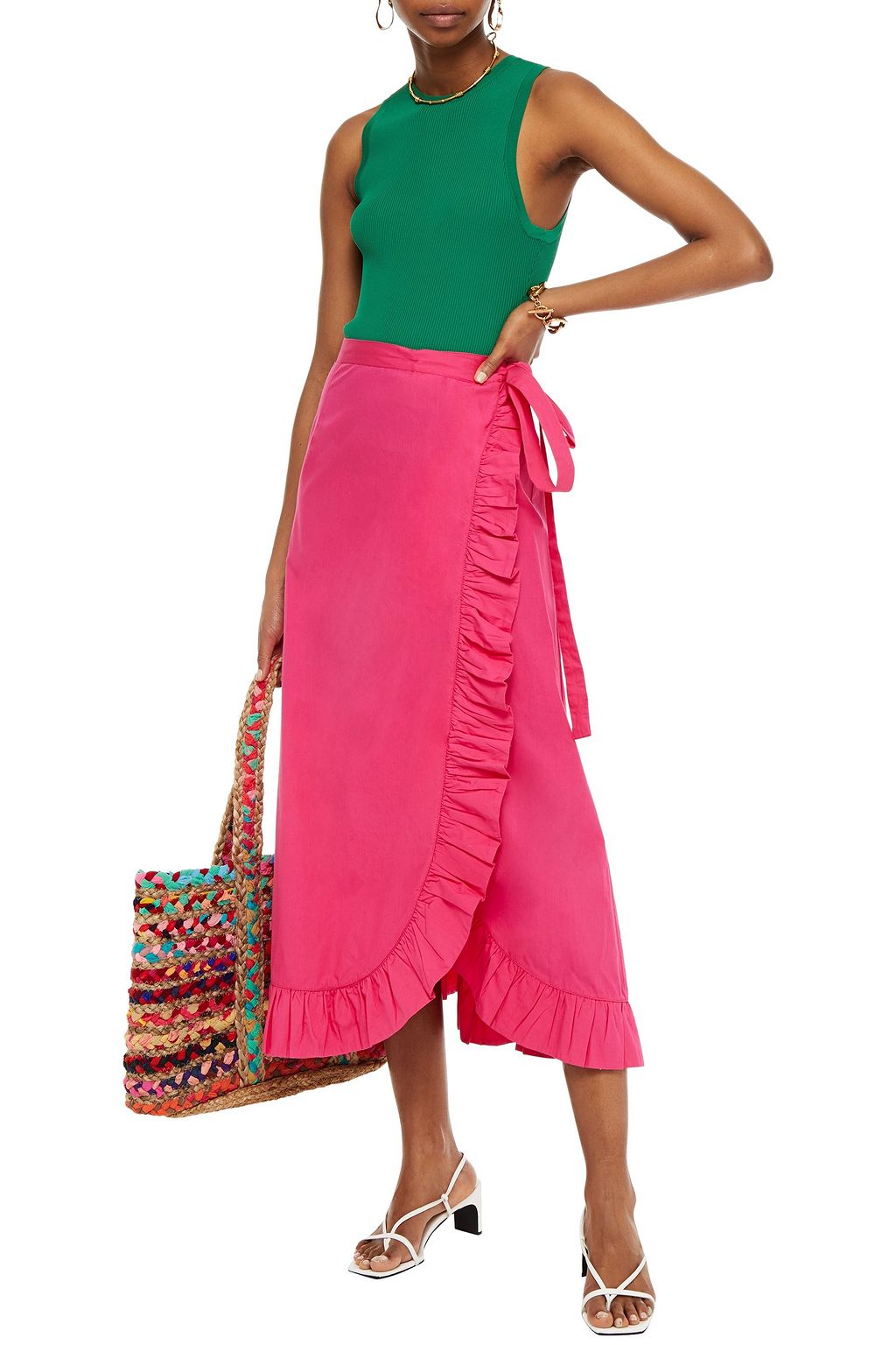 ANTIK BATIK Lace-up ruffle-trimmed cotton-poplin midi skirt
