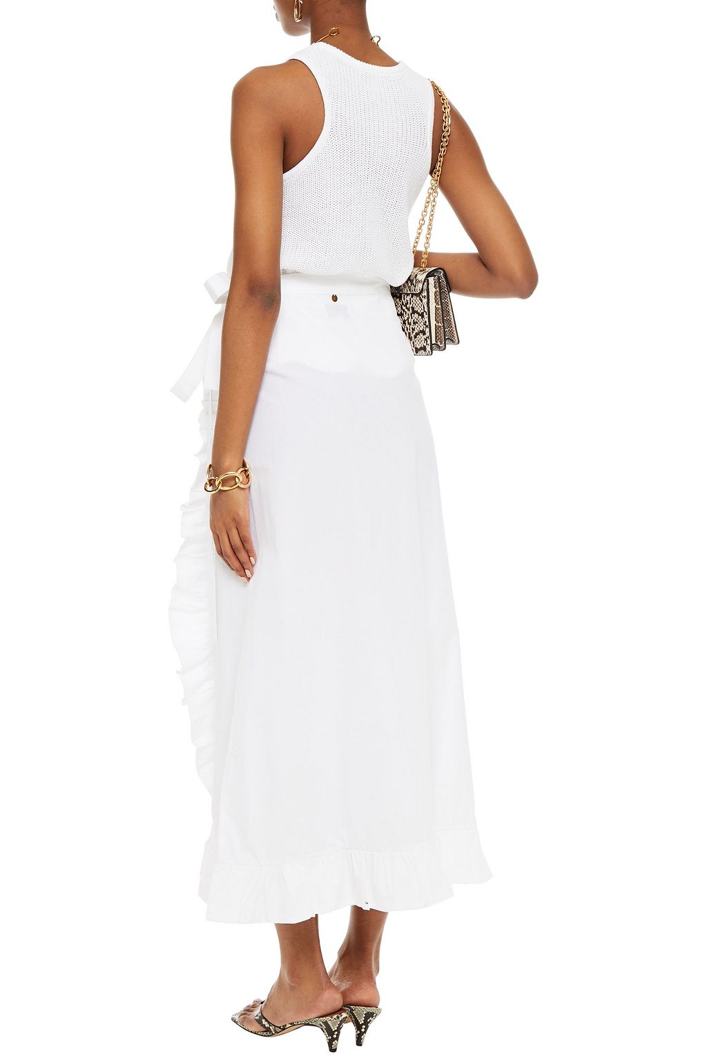 ANTIK BATIK Lace-up ruffle-trimmed cotton-poplin midi skirt