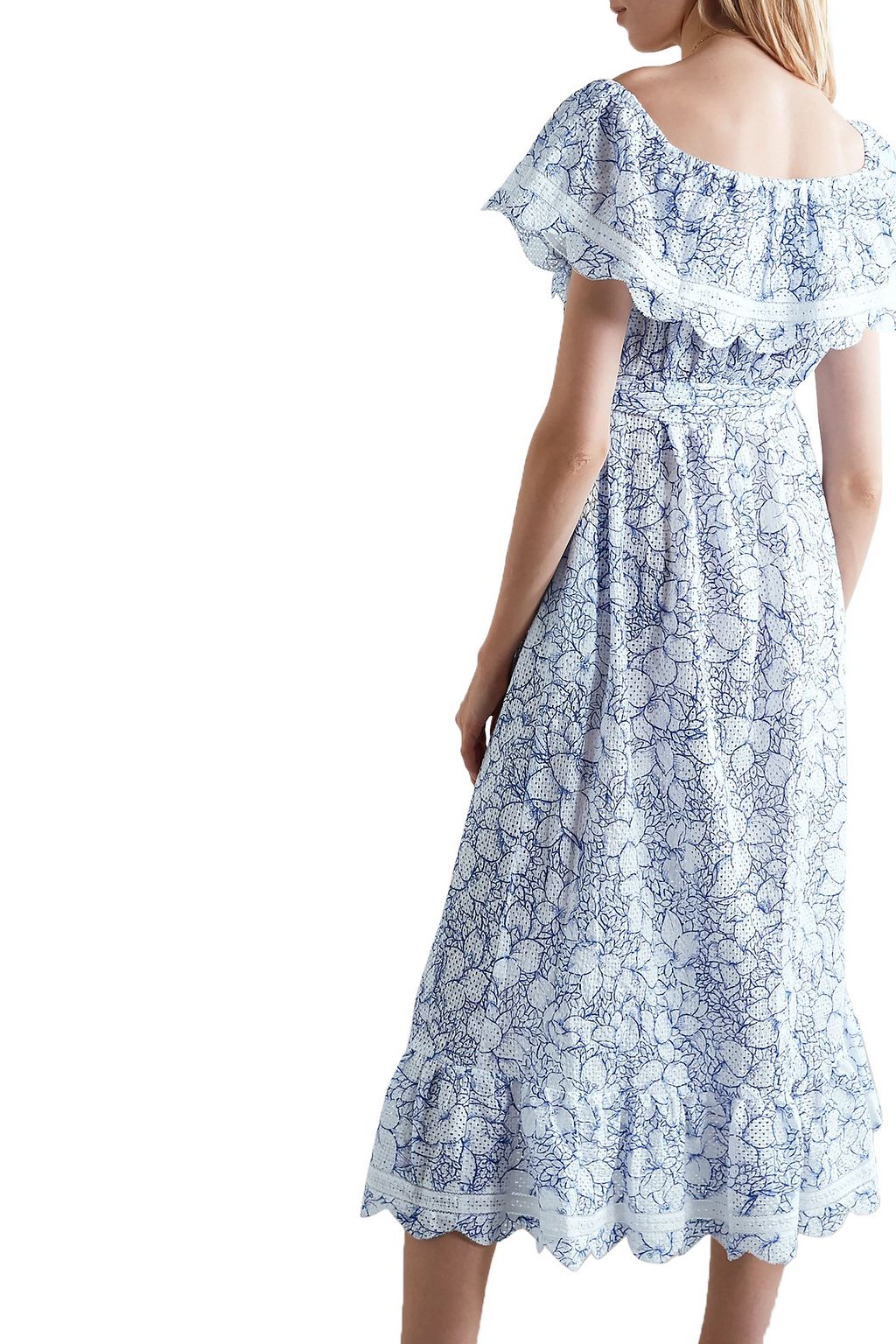 MARYSIA Lemnos belted off-the-shoulder perforated floral-print cotton midi dress
