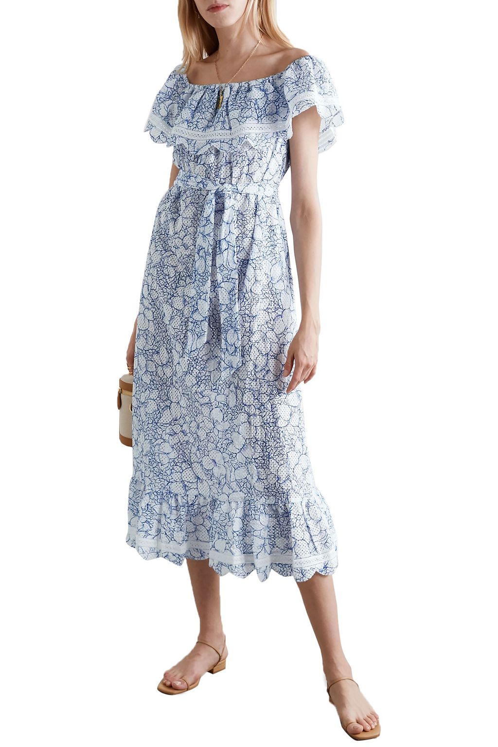 MARYSIA Lemnos belted off-the-shoulder perforated floral-print cotton midi dress
