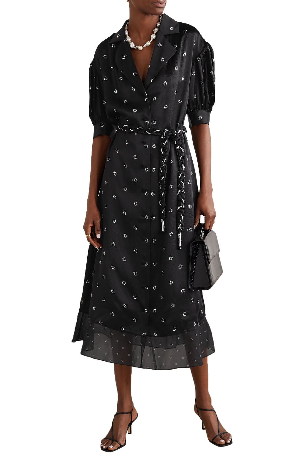 DYVNA Floral-print chiffon-trimmed hammered silk-satin midi dress