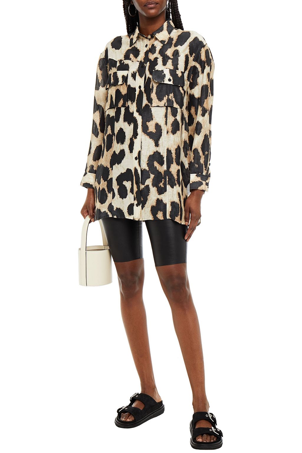GANNI Leopard-print linen and silk-blend shirt