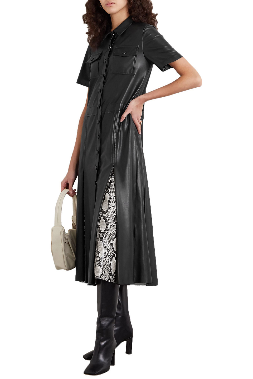 Stand Studio Jordan Snake Effect-paneled Faux Leather Midi Shirt Dress In Black