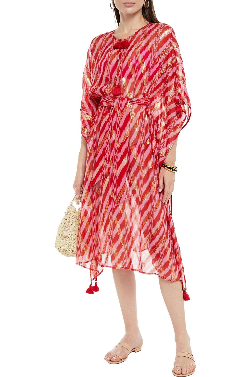 FIGUE Fabrizi tasseled belted metallic fil coupé silk-blend kaftan