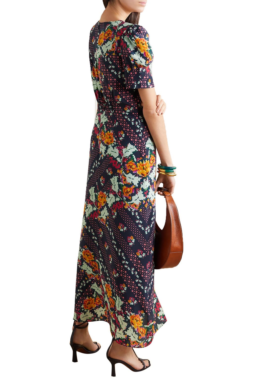 SALONI Bianca shirred silk-satin jacquard midi dress
