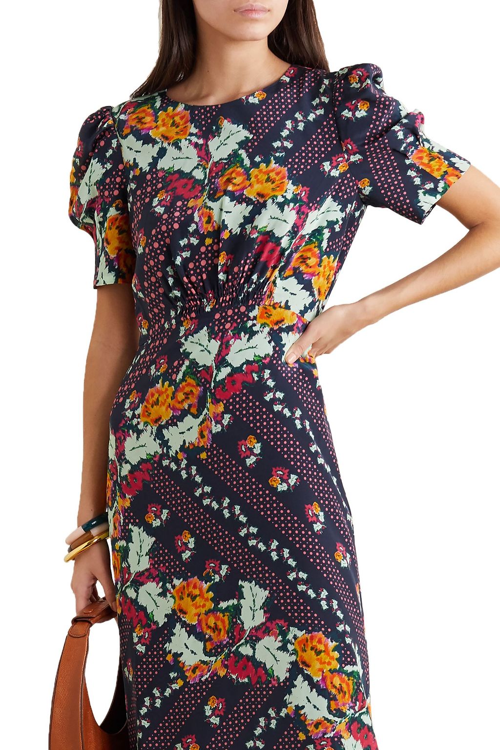 SALONI Bianca shirred silk-satin jacquard midi dress
