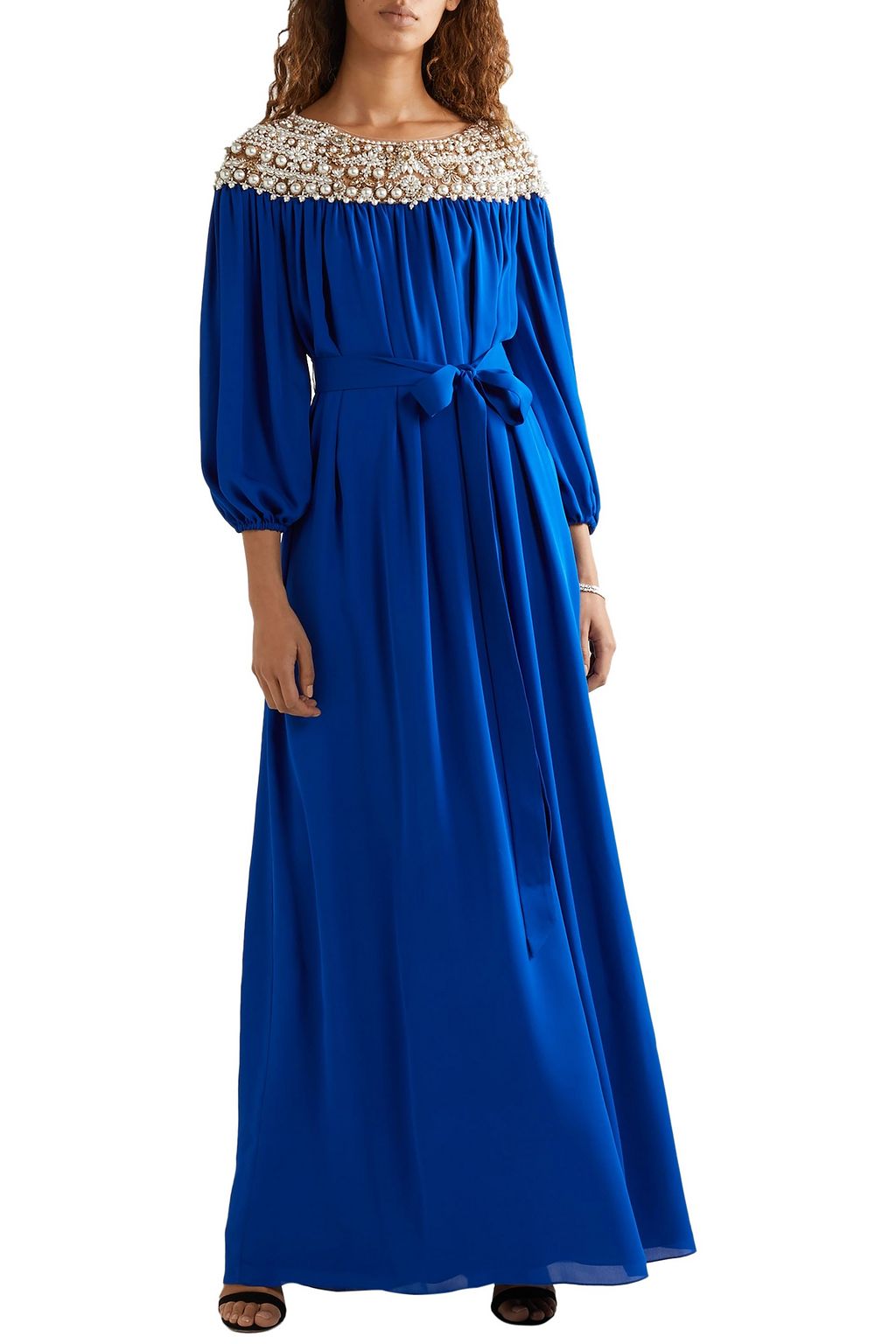 MARCHESA Embellished tulle-trimmed silk-georgette gown