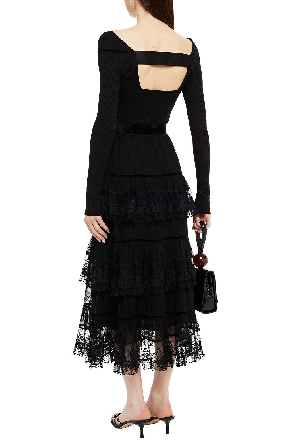 Black Glassy tiered flocked silk-georgette and lace midi skirt ...