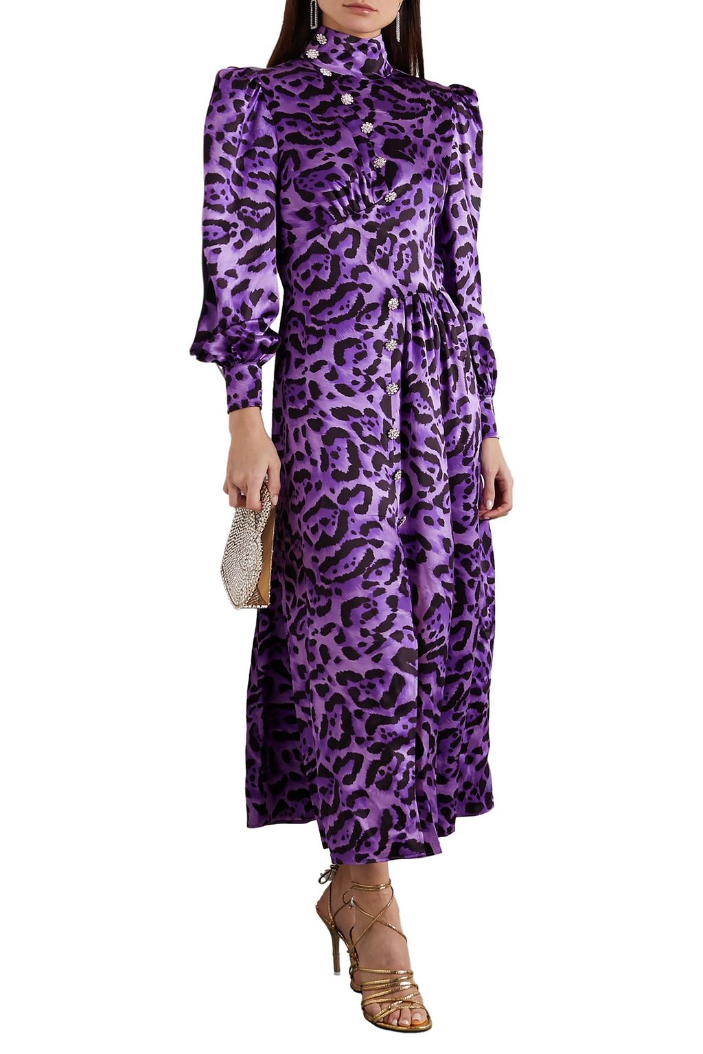 ALESSANDRA RICH Crystal-embellished leopard-print silk-satin midi dress