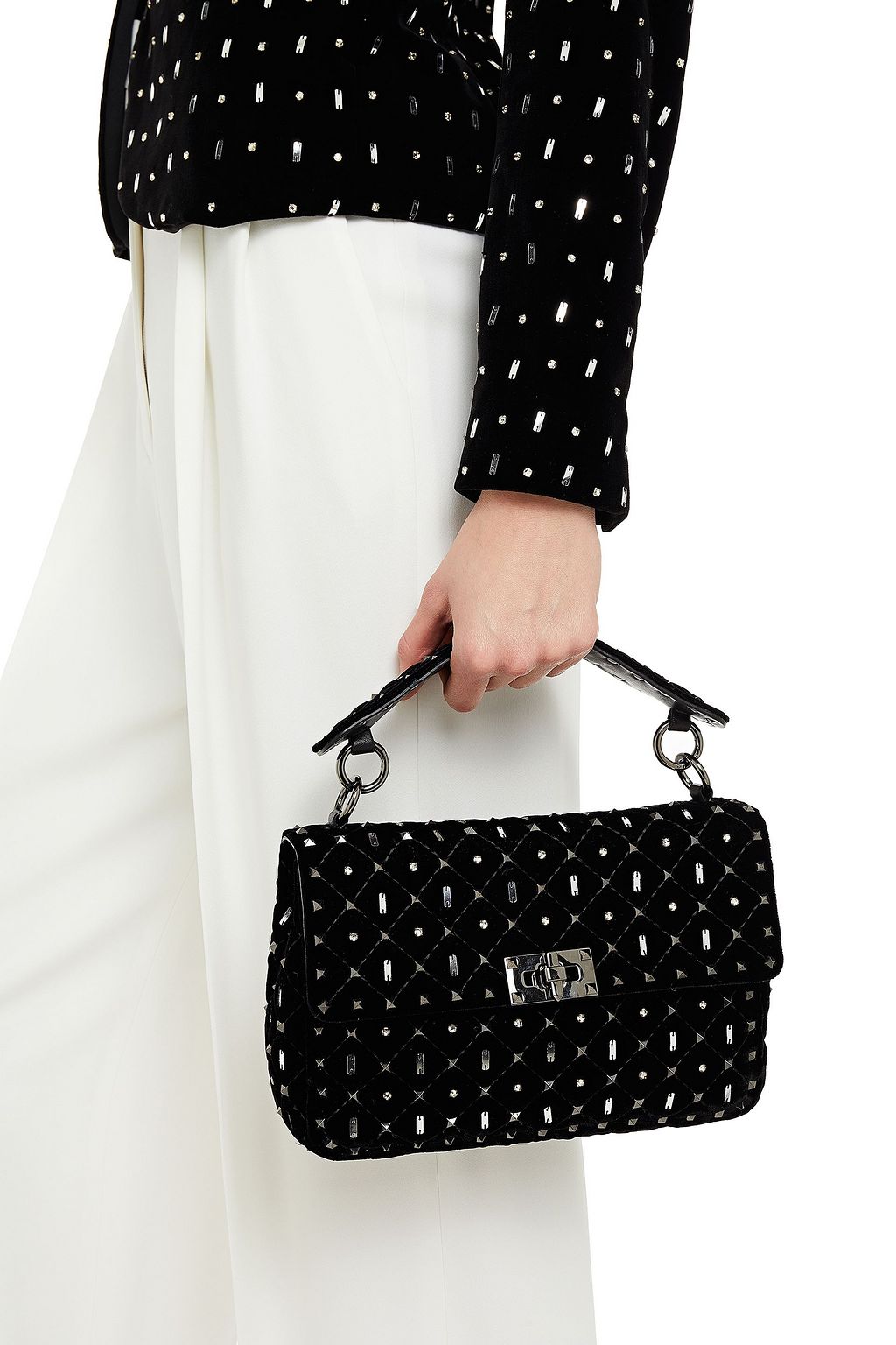 VALENTINO GARAVANI Rockstud Spike embellished velvet shoulder bag