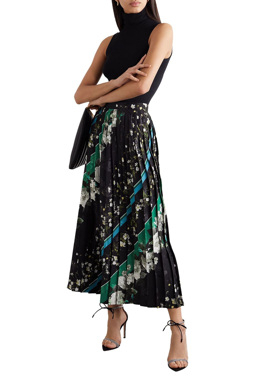 ERDEM Nolana pleated floral-print satin-jacquard midi skirt