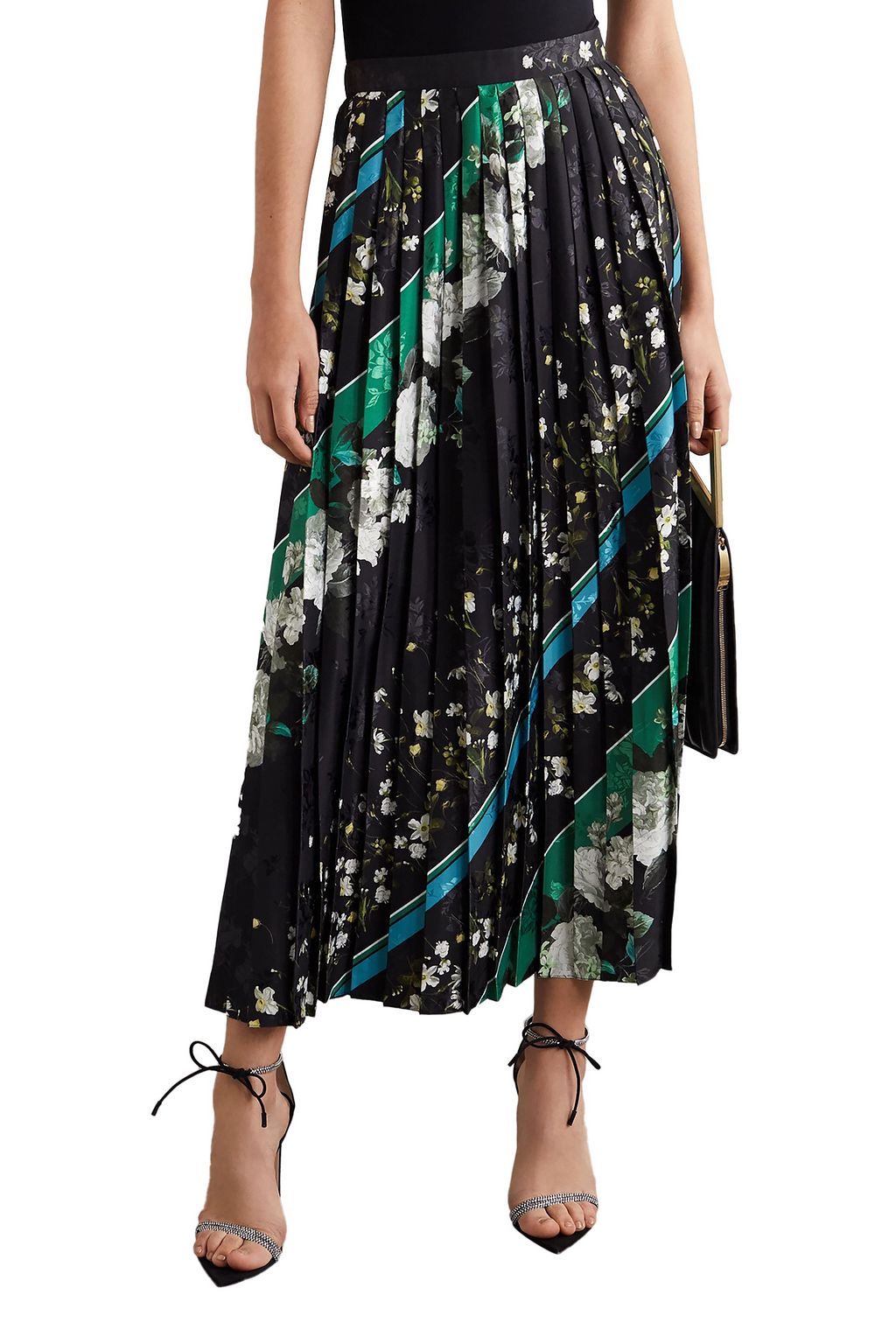 ERDEM Nolana pleated floral-print satin-jacquard midi skirt